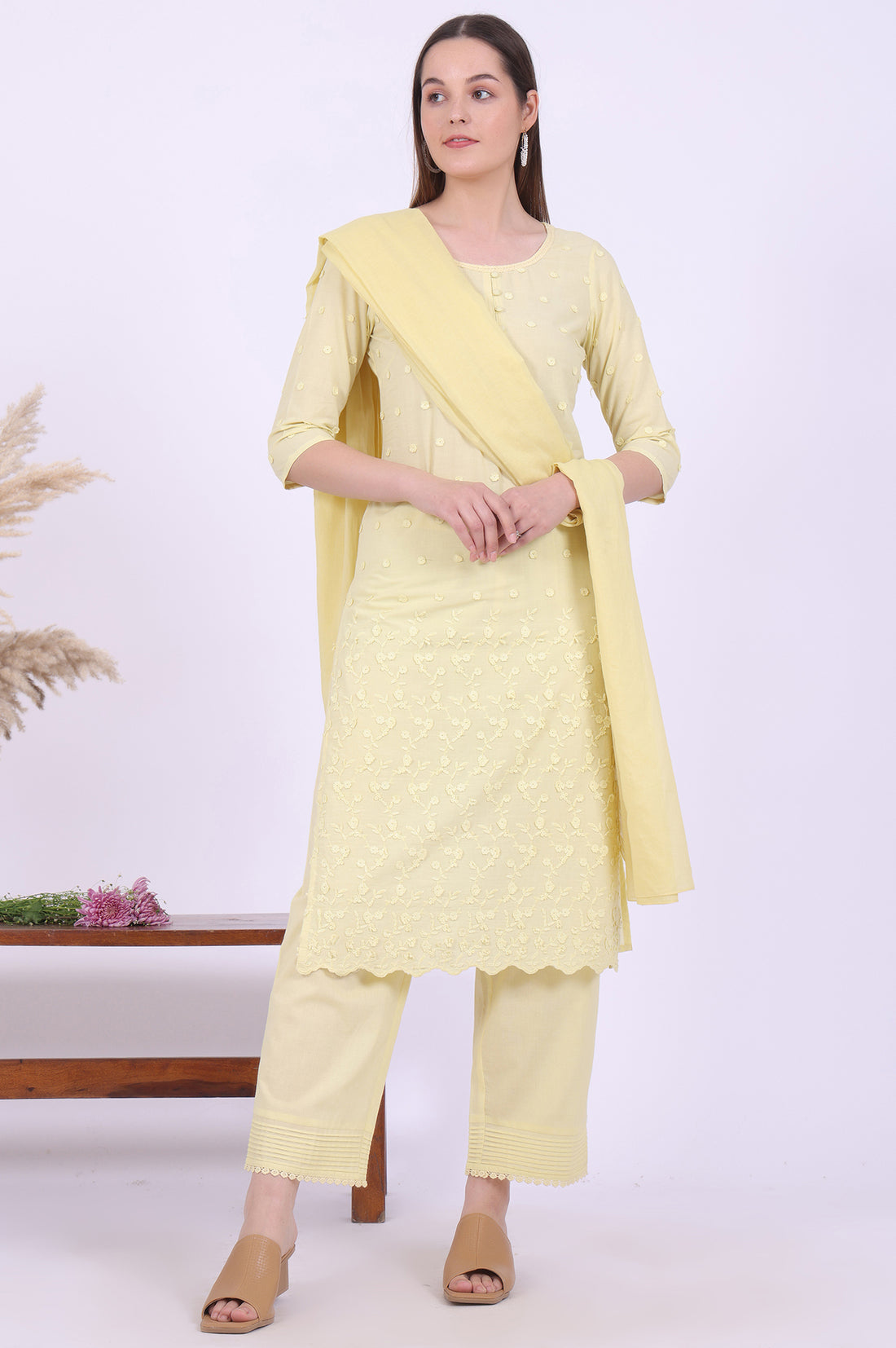 Yellow Embroidered Pure Cotton Straight Kurta with Palazzos &amp; Dupatta Set