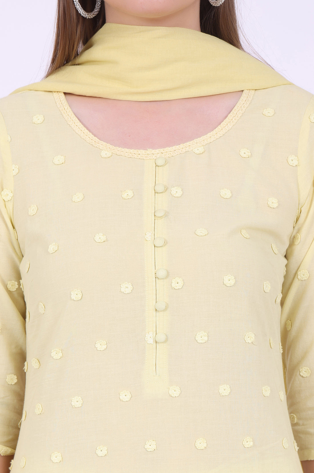 Yellow Embroidered Pure Cotton Straight Kurta with Palazzos &amp; Dupatta Set