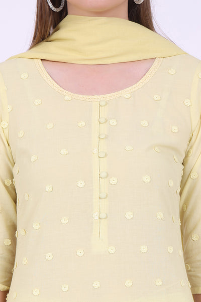 Yellow Embroidered Pure Cotton Straight Kurta with Palazzos & Dupatta Set