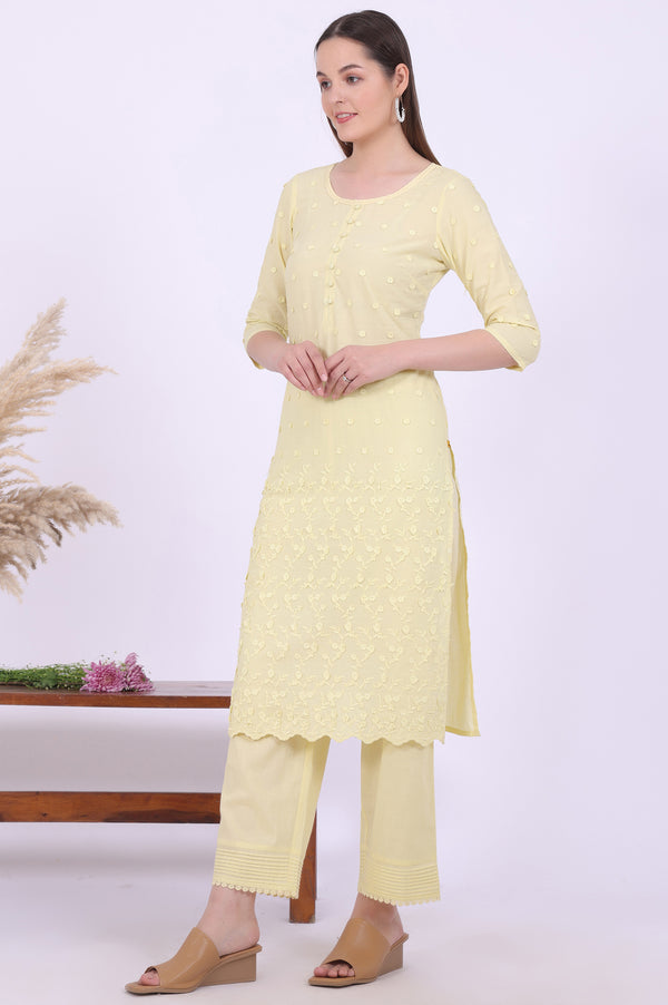 Yellow Embroidered Pure Cotton Straight Kurta with Palazzos & Dupatta Set