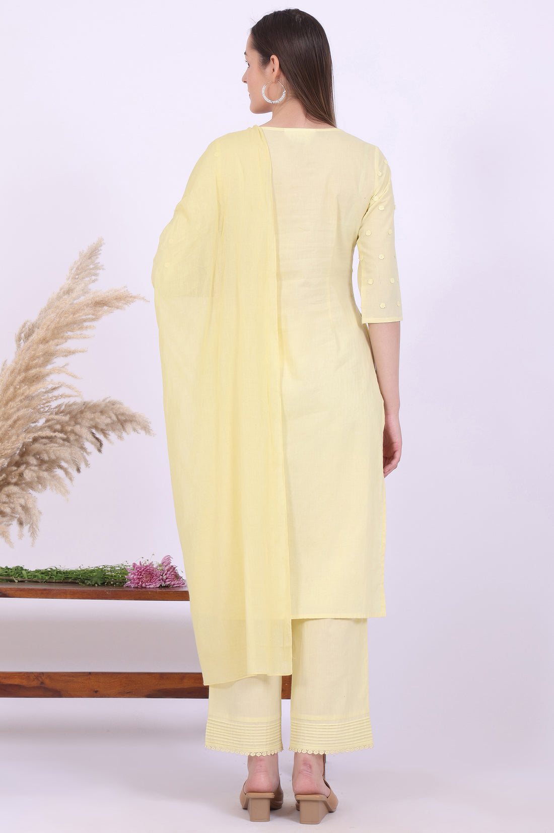 Yellow Embroidered Pure Cotton Straight Kurta with Palazzos &amp; Dupatta Set