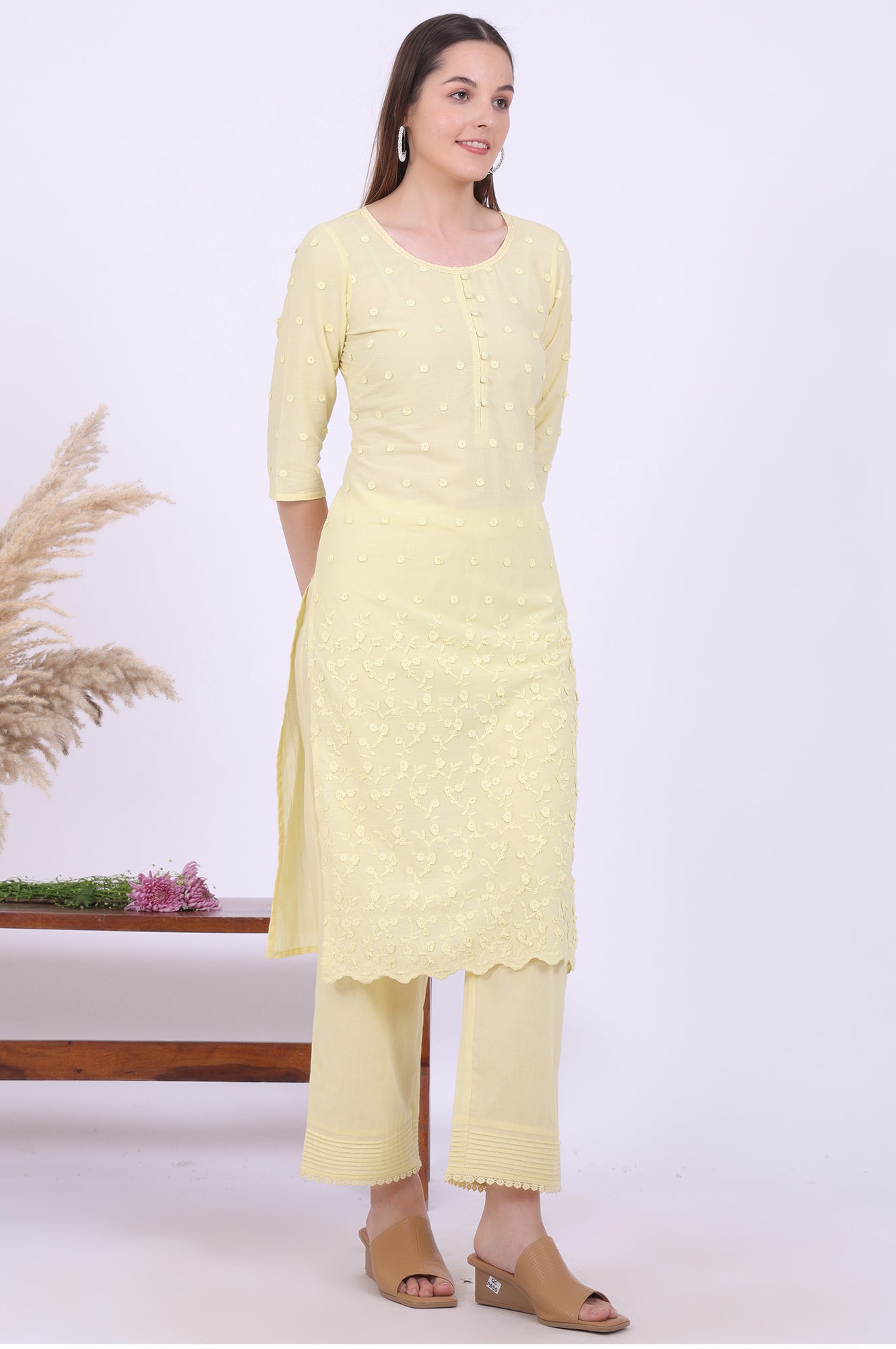 Yellow Embroidered Pure Cotton Straight Kurta with Palazzos &amp; Dupatta Set