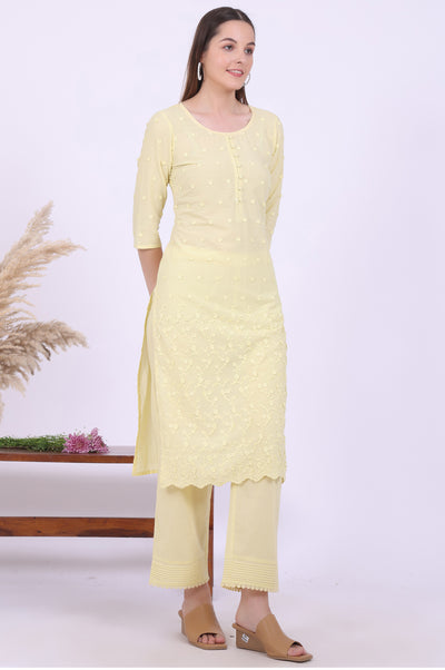 Yellow Embroidered Pure Cotton Straight Kurta with Palazzos & Dupatta Set