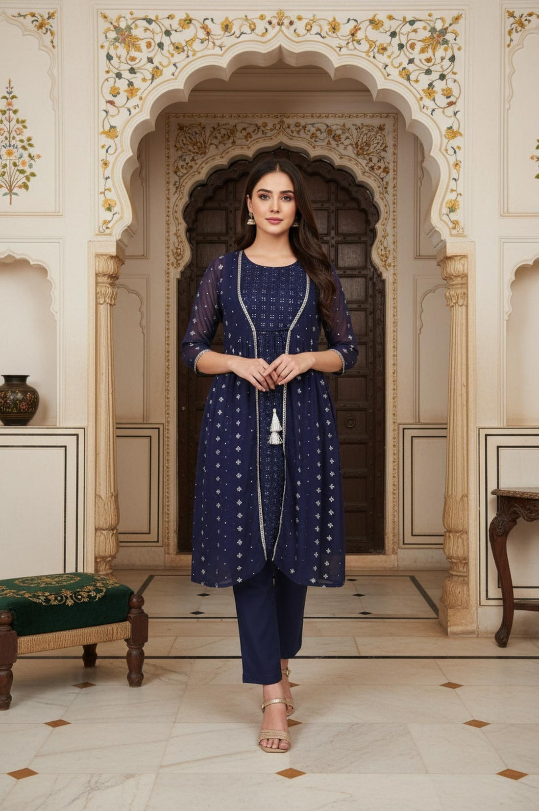 Navy Blue Floral Embroidered Flared Cotton Kurta with Palazzo and Gillet Set