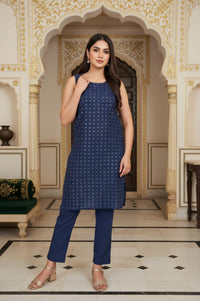 Navy Blue Floral Embroidered Flared Cotton Kurta with Palazzo and Gillet Set
