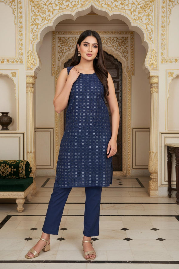 Navy Blue Floral Embroidered Flared Cotton Kurta with Palazzo and Gillet Set