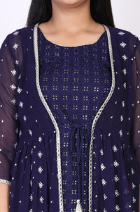 Navy Blue Floral Embroidered Flared Cotton Kurta with Palazzo and Gillet Set