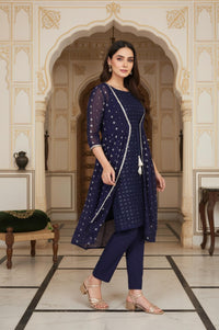 Navy Blue Floral Embroidered Flared Cotton Kurta with Palazzo and Gillet Set