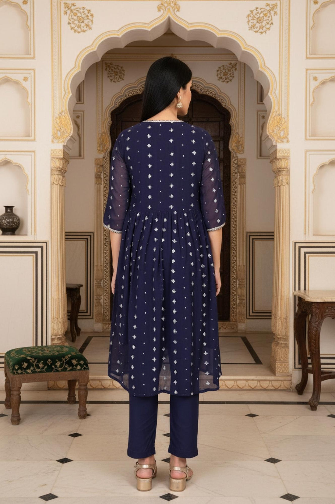 Navy Blue Floral Embroidered Flared Cotton Kurta with Palazzo and Gillet Set