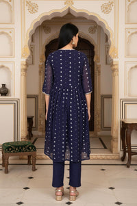 Navy Blue Floral Embroidered Flared Cotton Kurta with Palazzo and Gillet Set