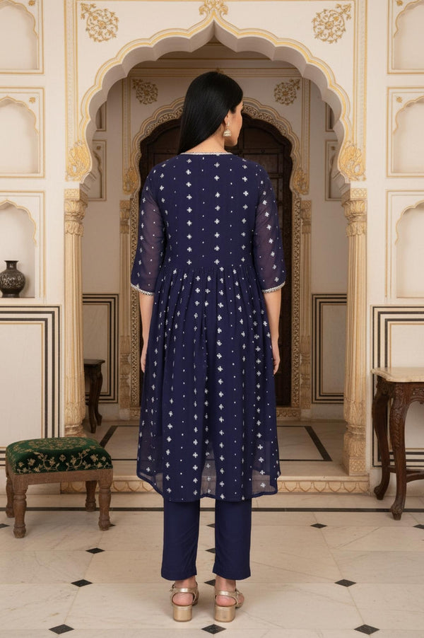 Navy Blue Floral Embroidered Flared Cotton Kurta with Palazzo and Gillet Set