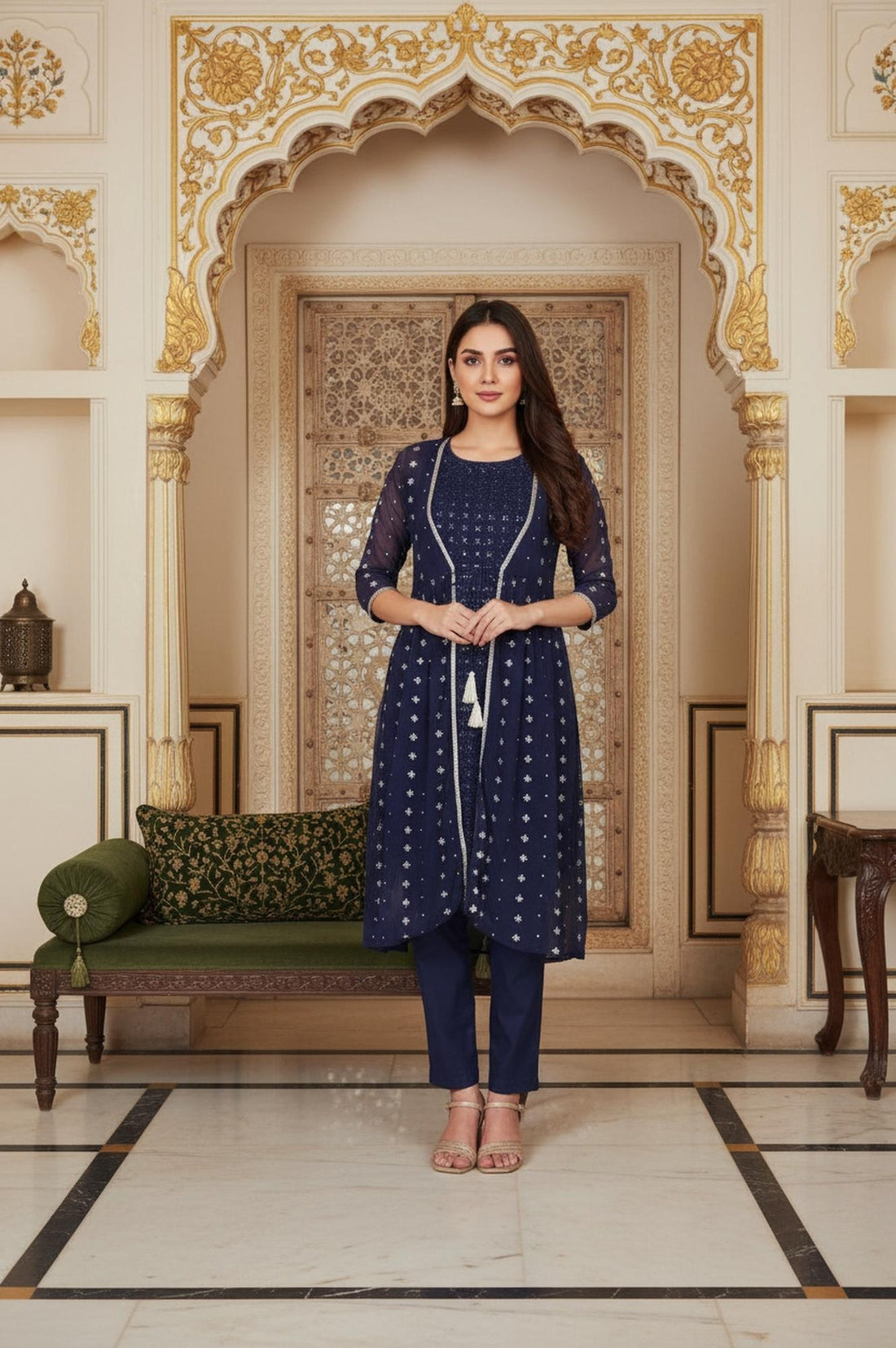 Navy Blue Floral Embroidered Flared Cotton Kurta with Palazzo and Gillet Set