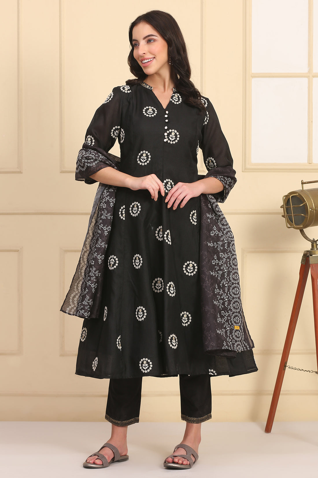 Black Solid Schiffli Embroidered Flared Kurta, Trousers and Dupatta Set