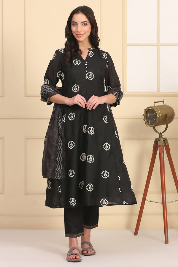 Black Solid Schiffli Embroidered Flared Kurta, Trousers and Dupatta Set
