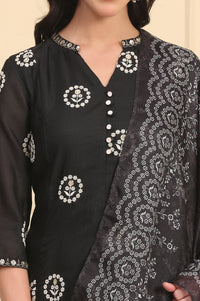 Black Solid Schiffli Embroidered Flared Kurta, Trousers and Dupatta Set