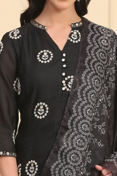 Black Solid Schiffli Embroidered Flared Kurta, Trousers and Dupatta Set