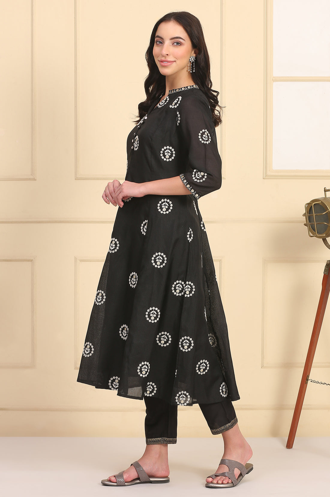 Black Solid Schiffli Embroidered Flared Kurta, Trousers and Dupatta Set