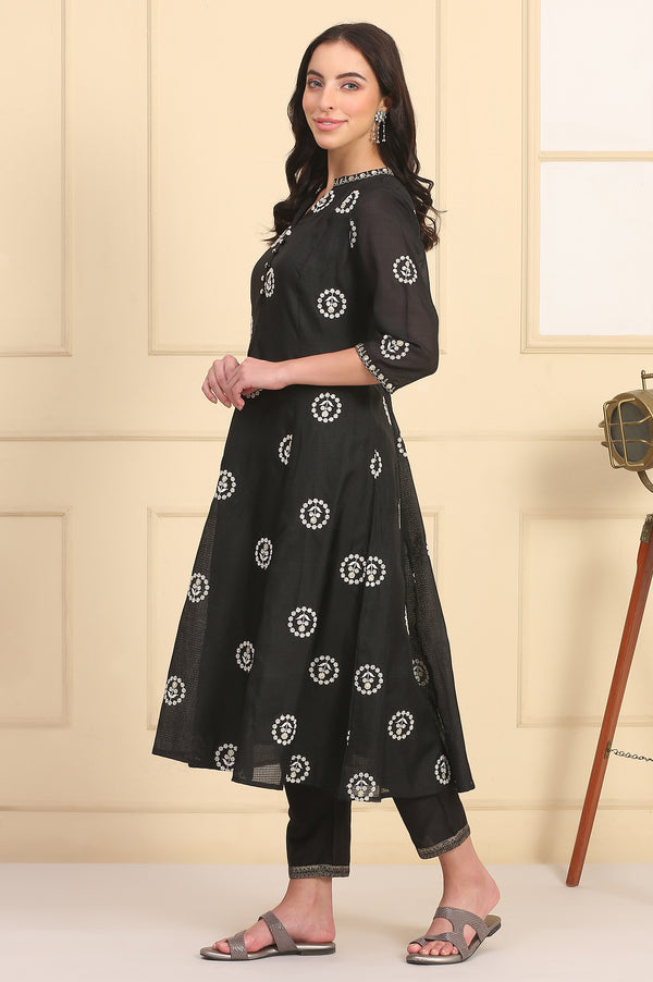 Black Solid Schiffli Embroidered Flared Kurta, Trousers and Dupatta Set