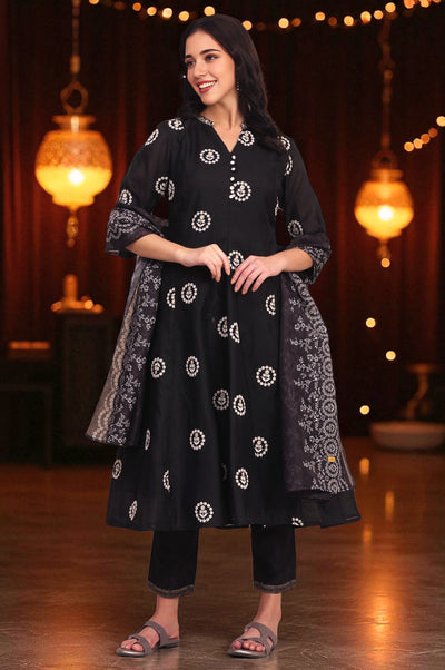 Black Solid Schiffli Embroidered Flared Kurta, Trousers and Dupatta Set