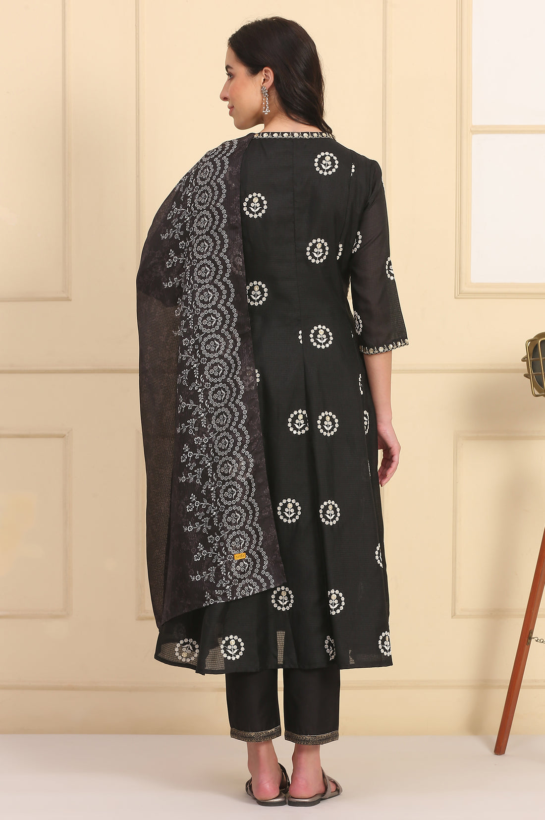 Black Solid Schiffli Embroidered Flared Kurta, Trousers and Dupatta Set