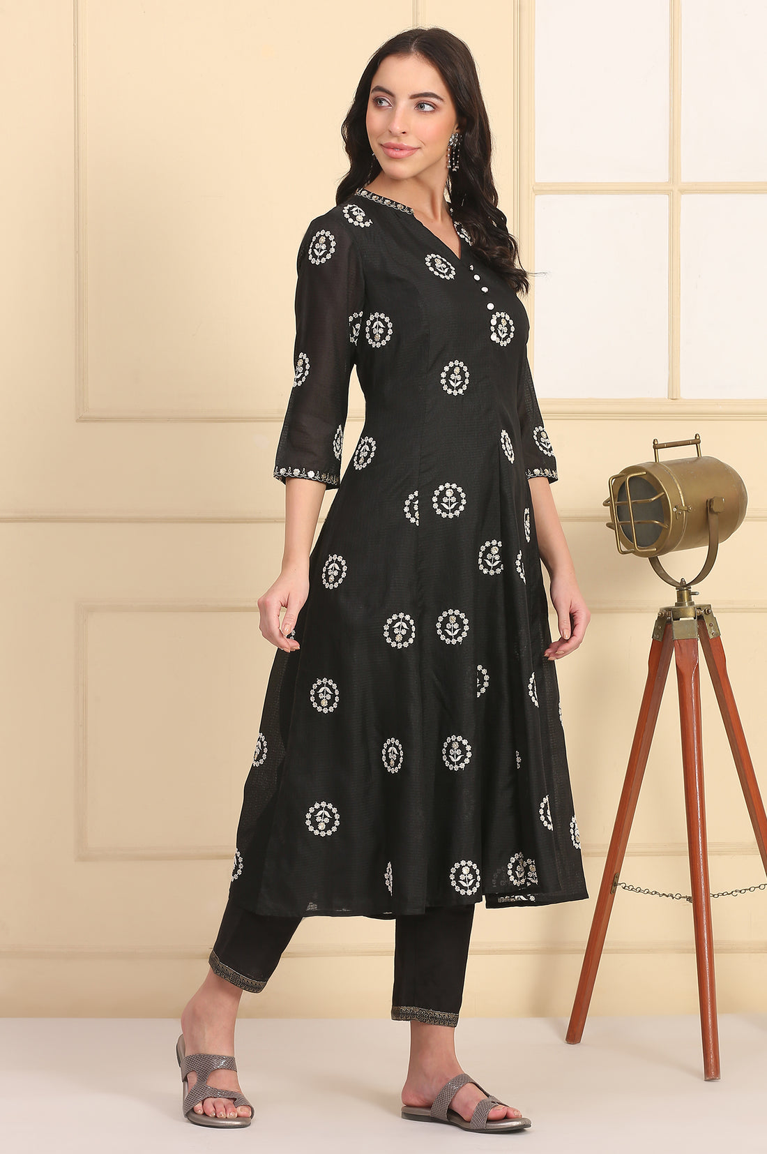 Black Solid Schiffli Embroidered Flared Kurta, Trousers and Dupatta Set