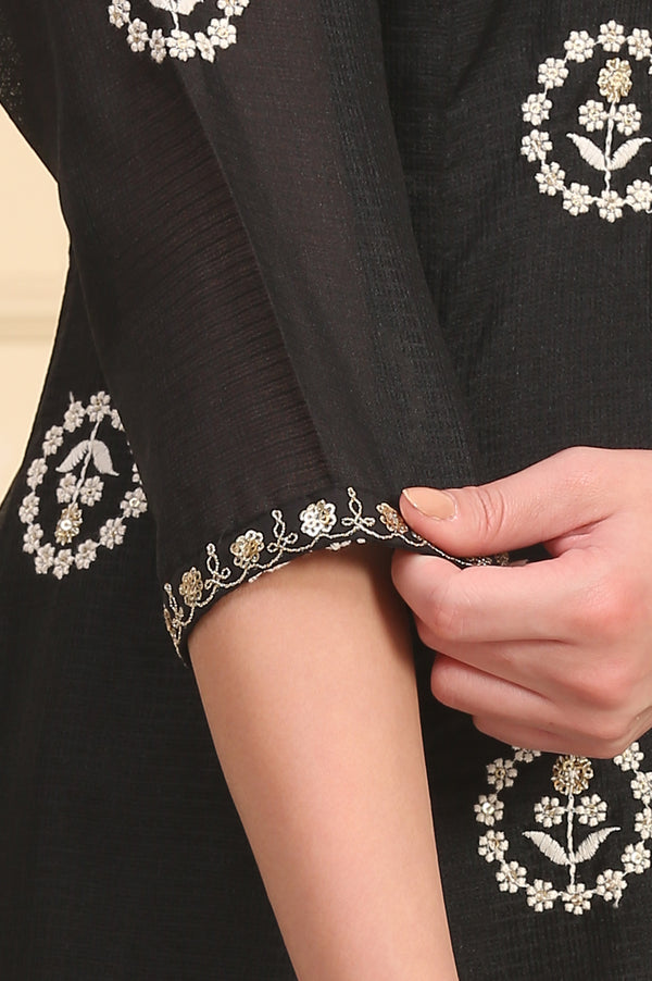 Black Solid Schiffli Embroidered Flared Kurta, Trousers and Dupatta Set