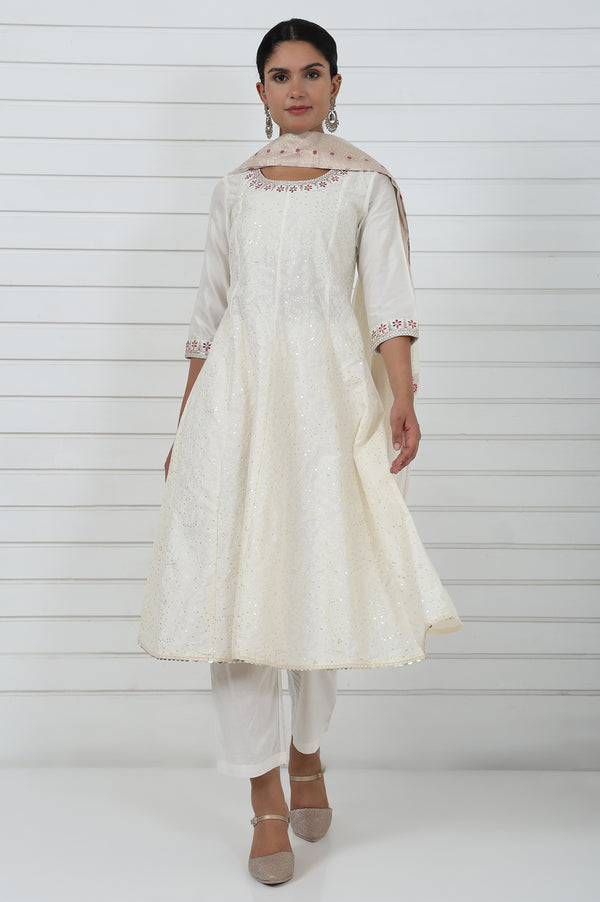 Off White Embroidered Printed Schiffli Flared Kurta, Trouser And Dupatta Set