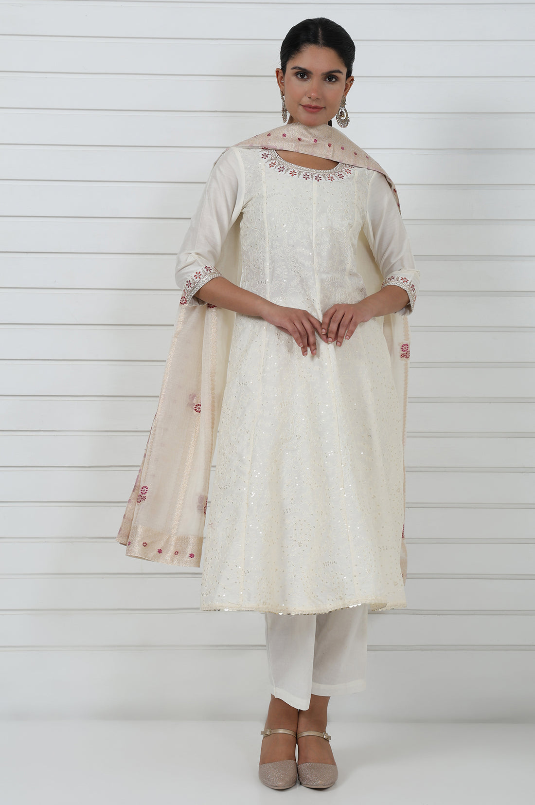 Off White Embroidered Printed Schiffli Flared Kurta, Trouser And Dupatta Set