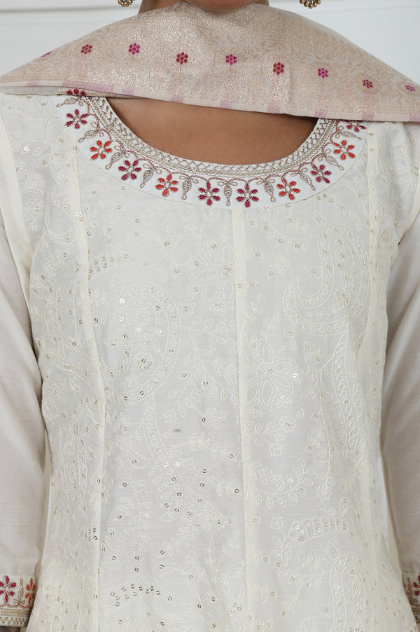 Off White Embroidered Printed Schiffli Flared Kurta, Trouser And Dupatta Set