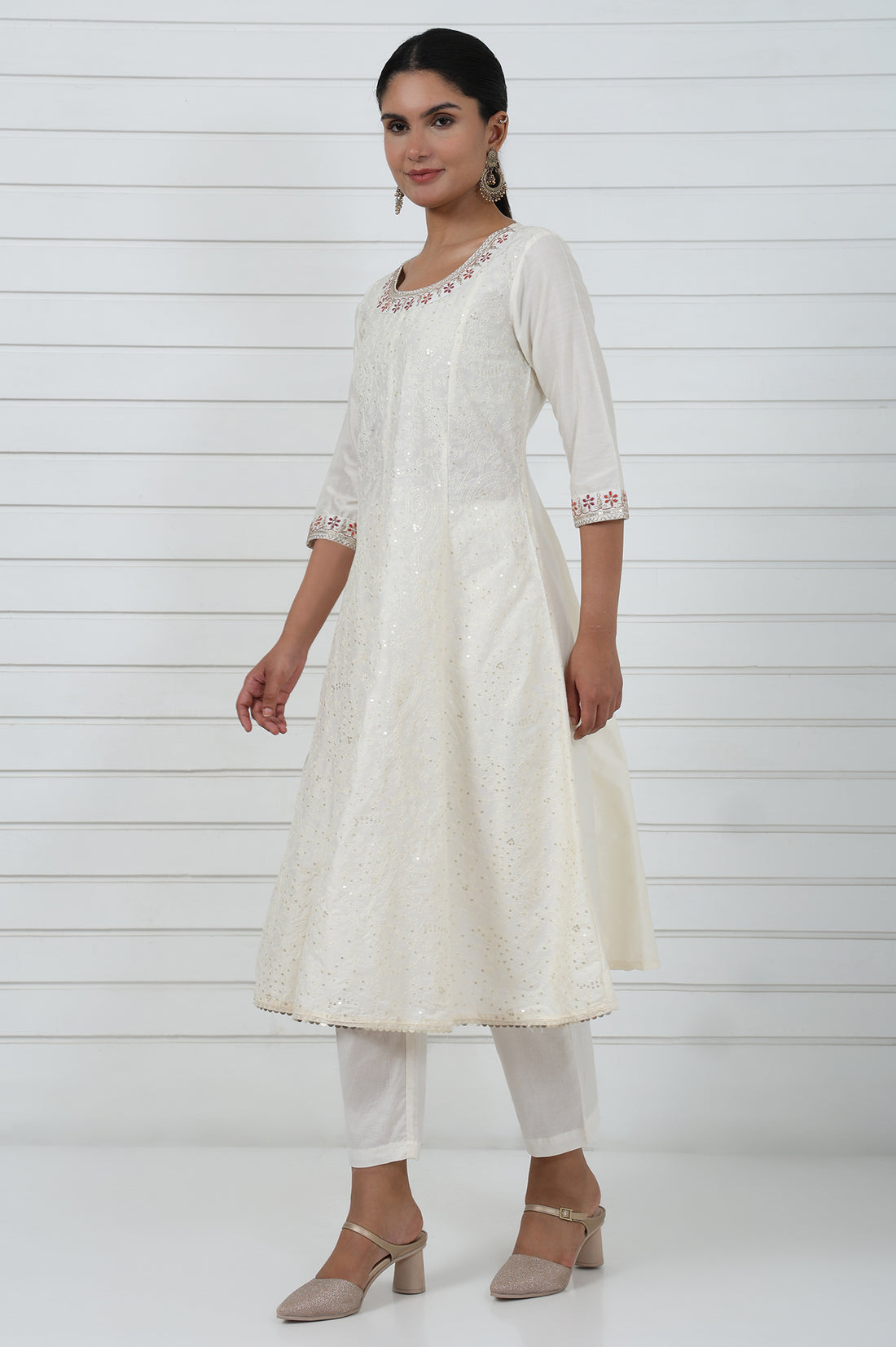 Off White Embroidered Printed Schiffli Flared Kurta, Trouser And Dupatta Set