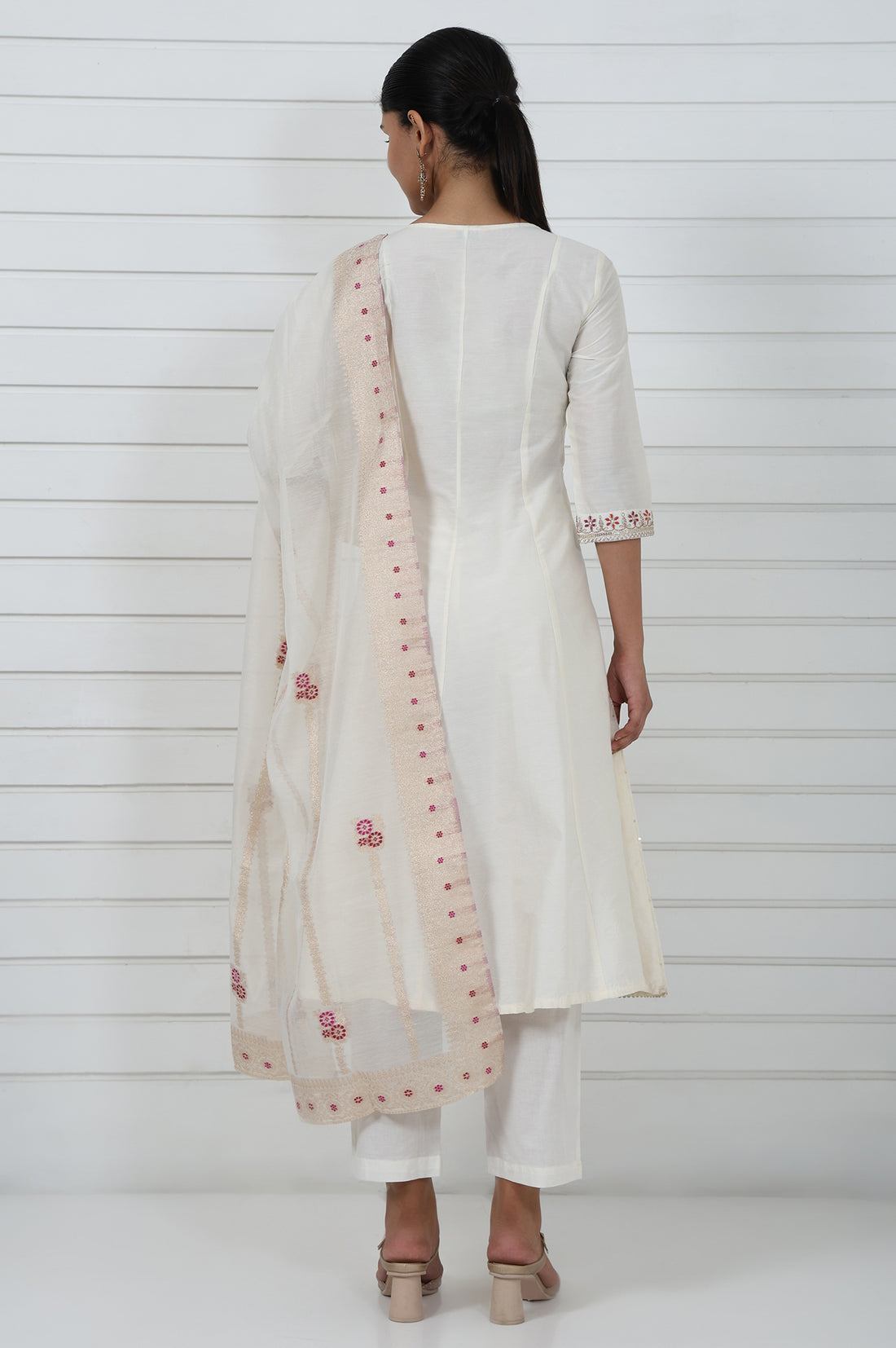 Off White Embroidered Printed Schiffli Flared Kurta, Trouser And Dupatta Set