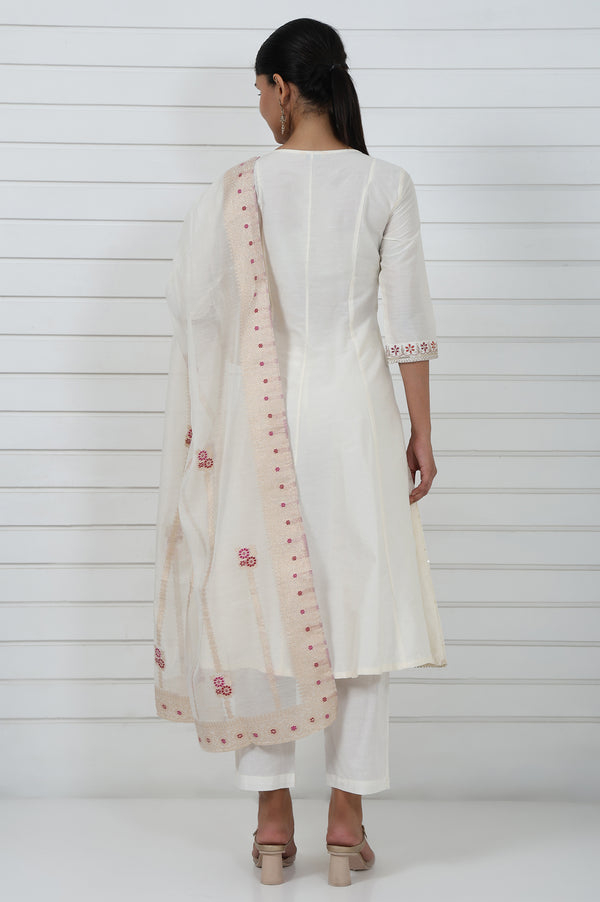 Off White Embroidered Printed Schiffli Flared Kurta, Trouser And Dupatta Set