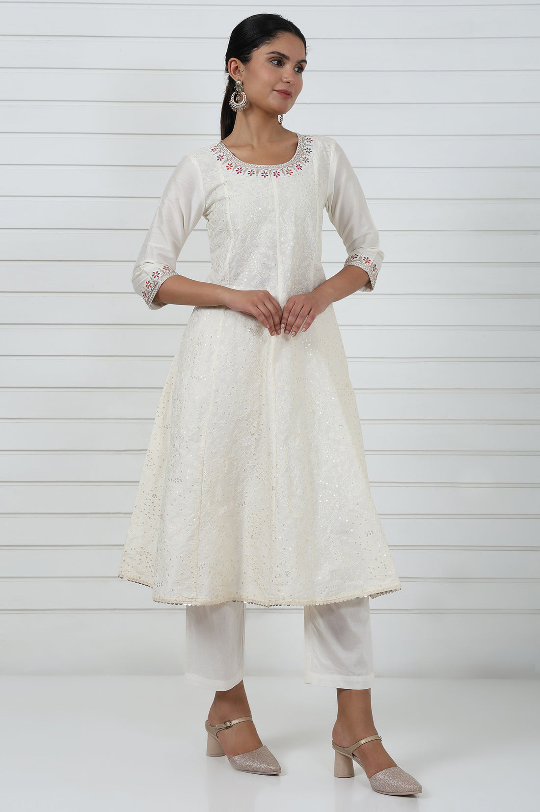 Off White Embroidered Printed Schiffli Flared Kurta, Trouser And Dupatta Set