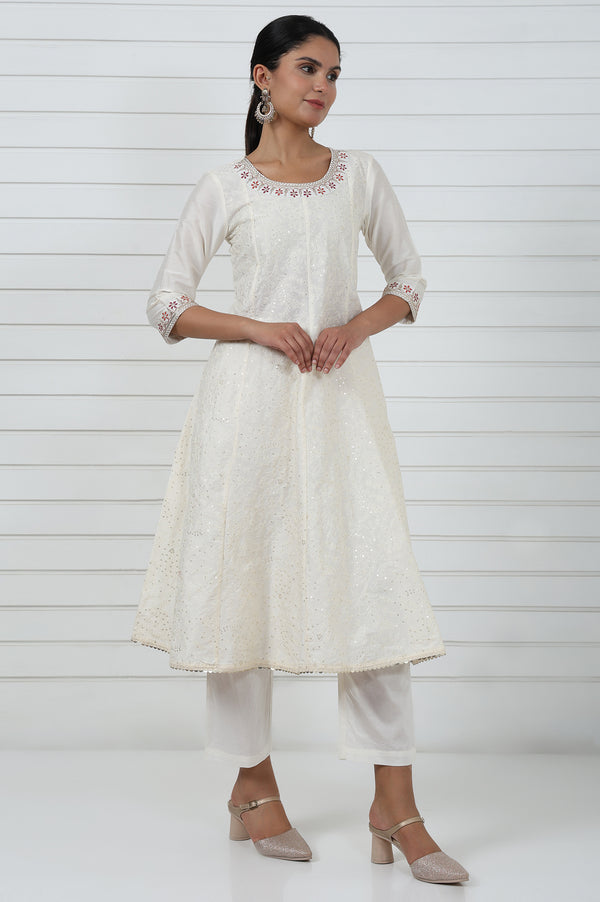 Off White Embroidered Printed Schiffli Flared Kurta, Trouser And Dupatta Set