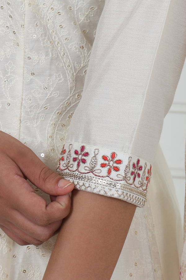 Off White Embroidered Printed Schiffli Flared Kurta, Trouser And Dupatta Set