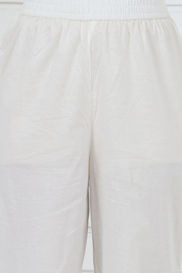 Off White Embroidered Printed Schiffli Flared Kurta, Trouser And Dupatta Set