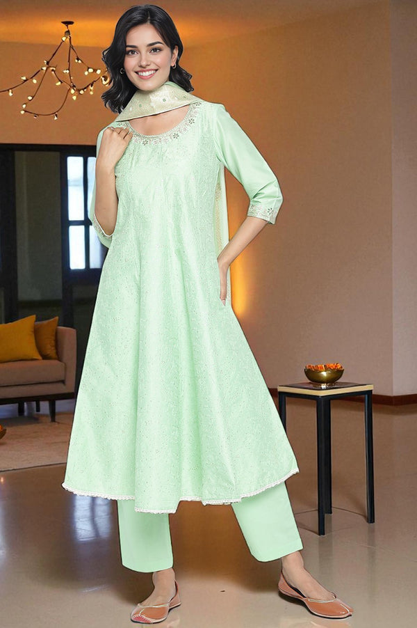 Mint Solid Printed Embroidered Viscose Flared Kurta, Trouser and Dupatta Set