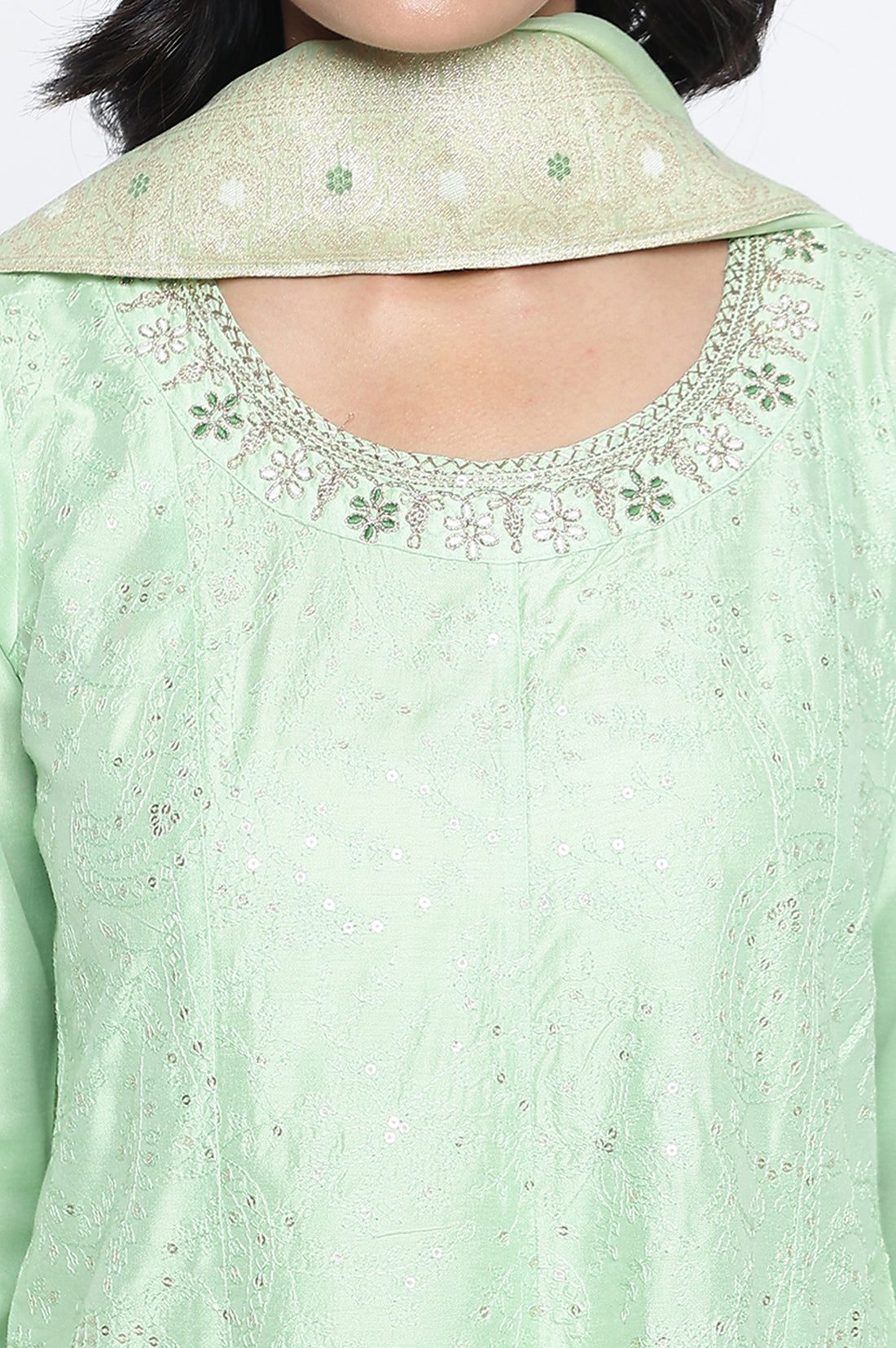 Mint Solid Printed Embroidered Viscose Flared Kurta, Trouser and Dupatta Set