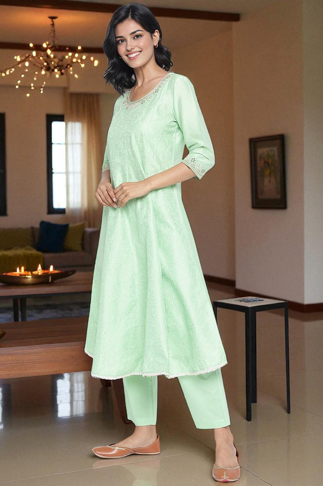 Mint Solid Printed Embroidered Viscose Flared Kurta, Trouser and Dupatta Set