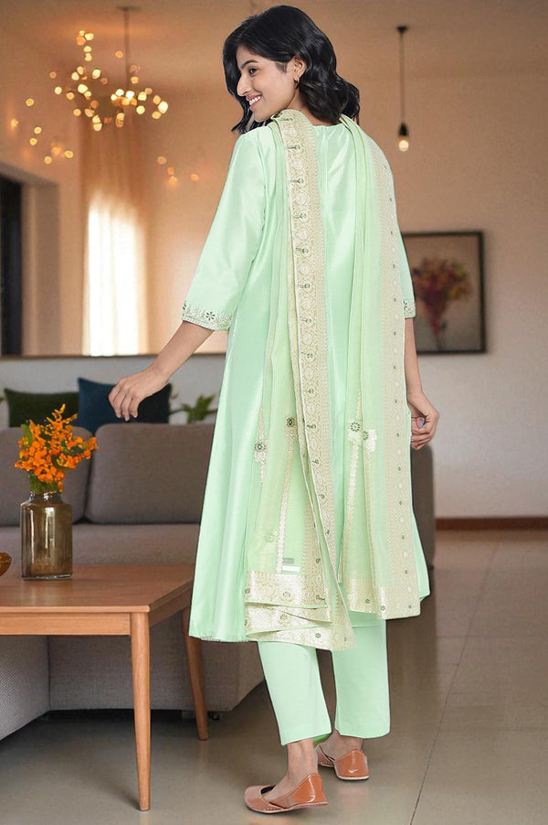 Mint Solid Printed Embroidered Viscose Flared Kurta, Trouser and Dupatta Set
