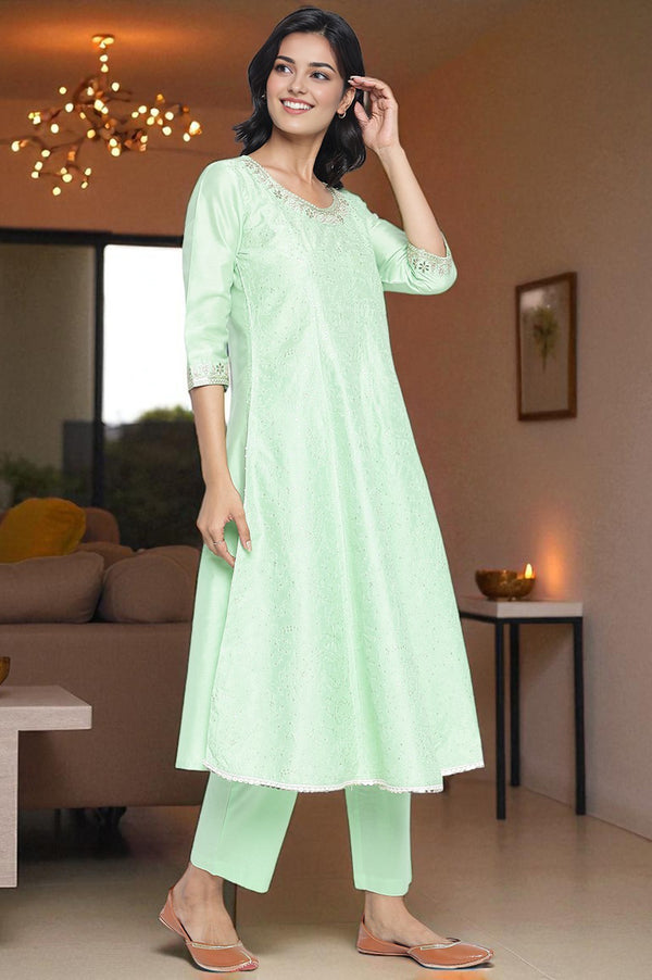 Mint Solid Printed Embroidered Viscose Flared Kurta, Trouser and Dupatta Set