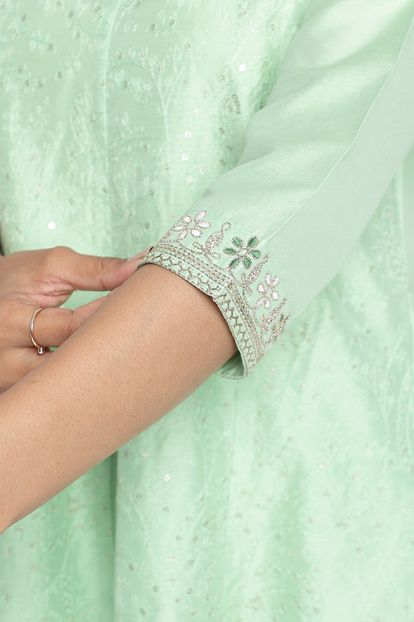 Mint Solid Printed Embroidered Viscose Flared Kurta, Trouser and Dupatta Set