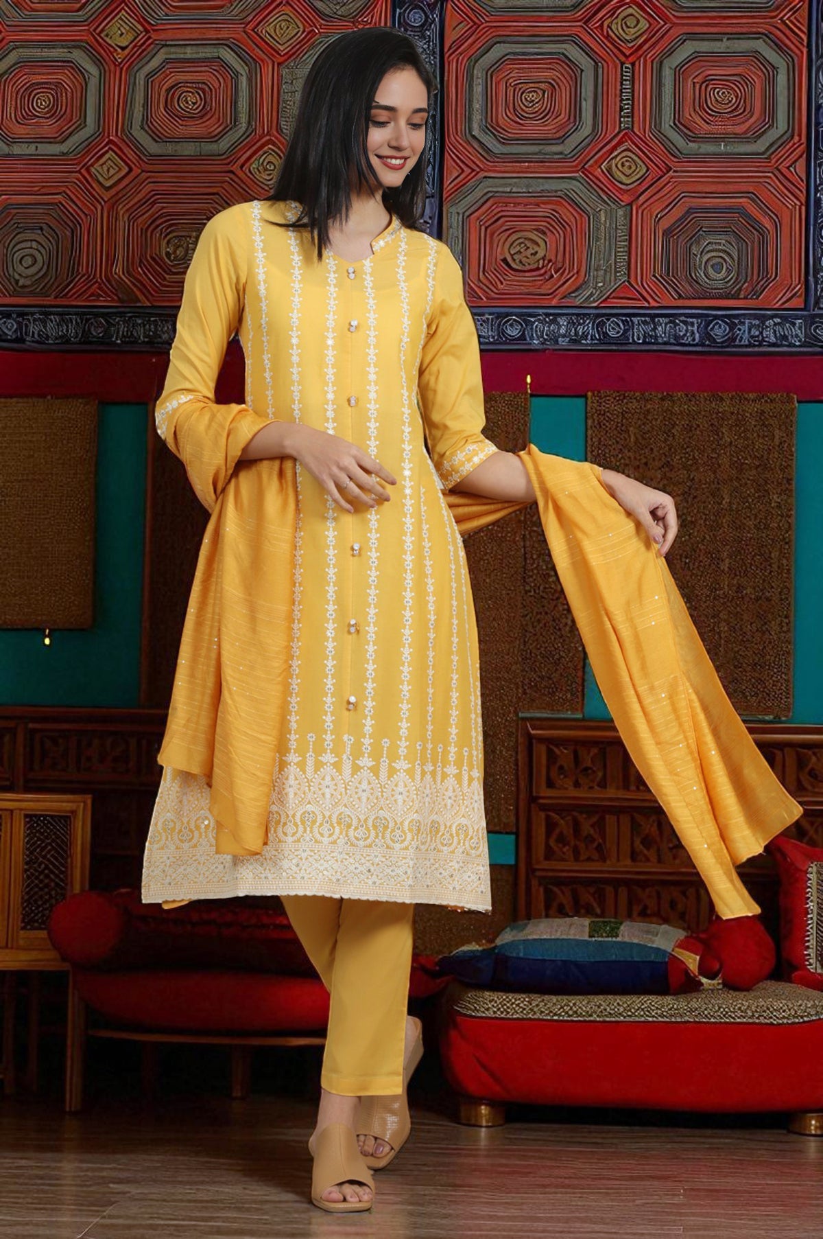 Yellow Embroidered Pure Cotton Straight Kurta, Trousers and Dupatta Set - XS