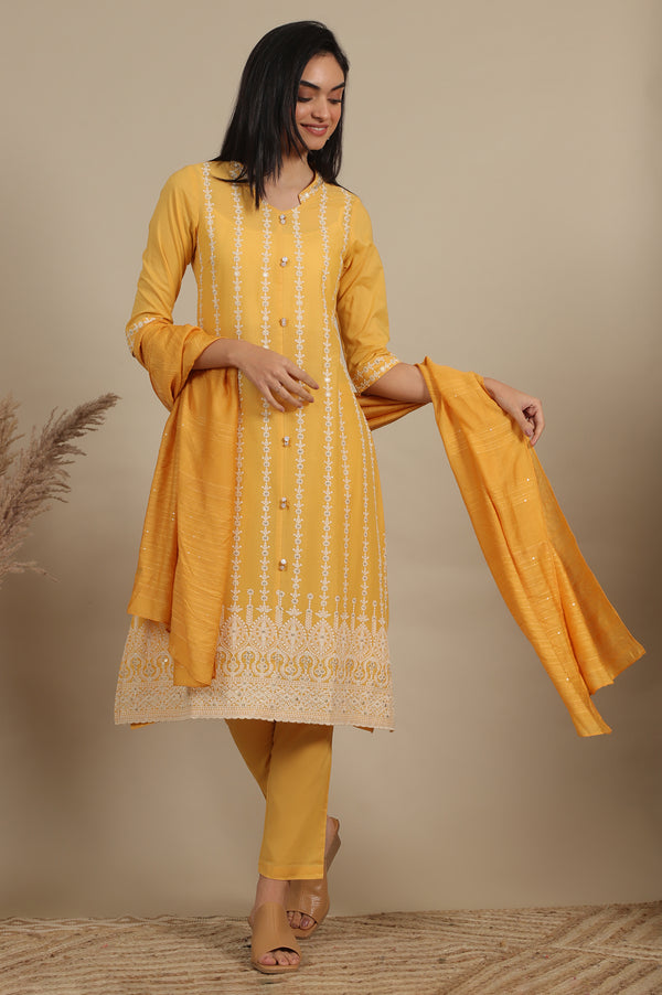 Yellow Embroidered Pure Cotton Straight Kurta, Trousers and Dupatta Set