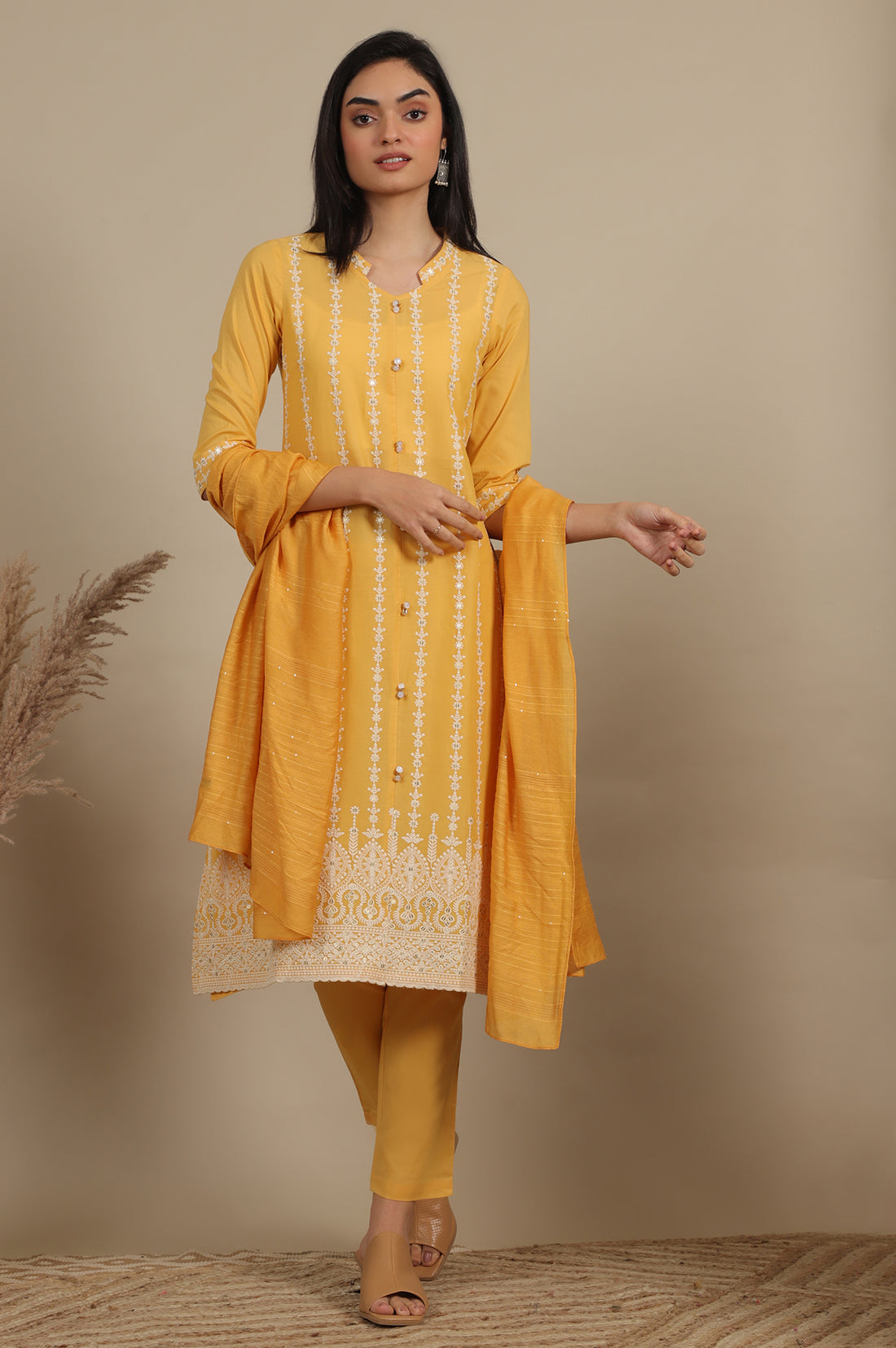 Yellow Embroidered Pure Cotton Straight Kurta, Trousers and Dupatta Set