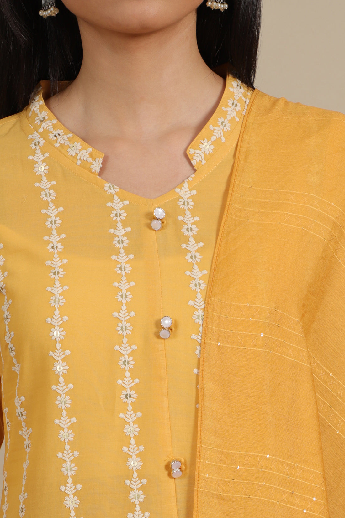 Yellow Embroidered Pure Cotton Straight Kurta, Trousers and Dupatta Set