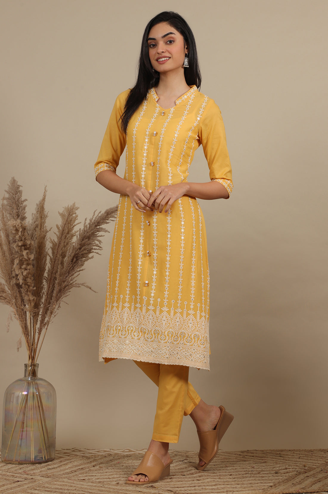 Yellow Embroidered Pure Cotton Straight Kurta, Trousers and Dupatta Set