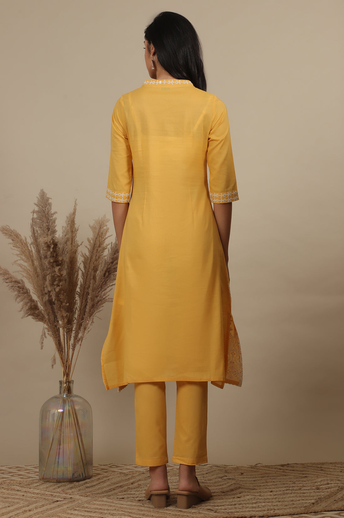 Yellow Embroidered Pure Cotton Straight Kurta, Trousers and Dupatta Set