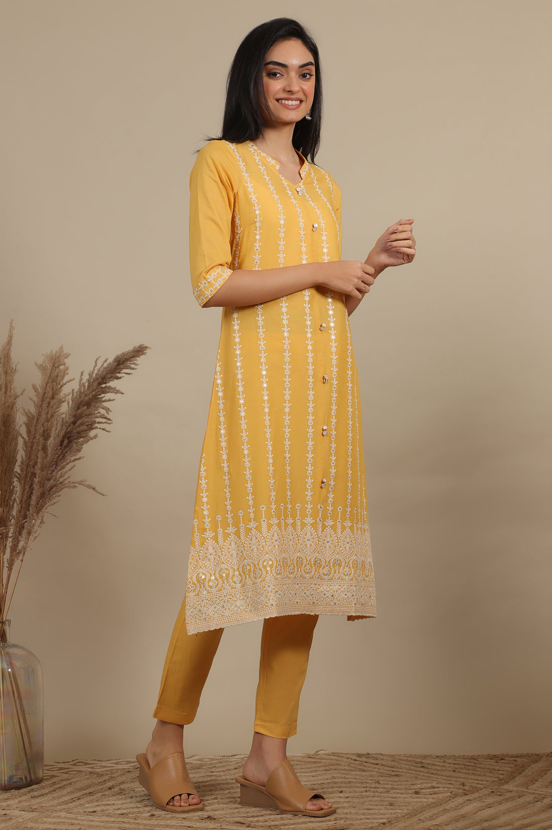 Yellow Embroidered Pure Cotton Straight Kurta, Trousers and Dupatta Set