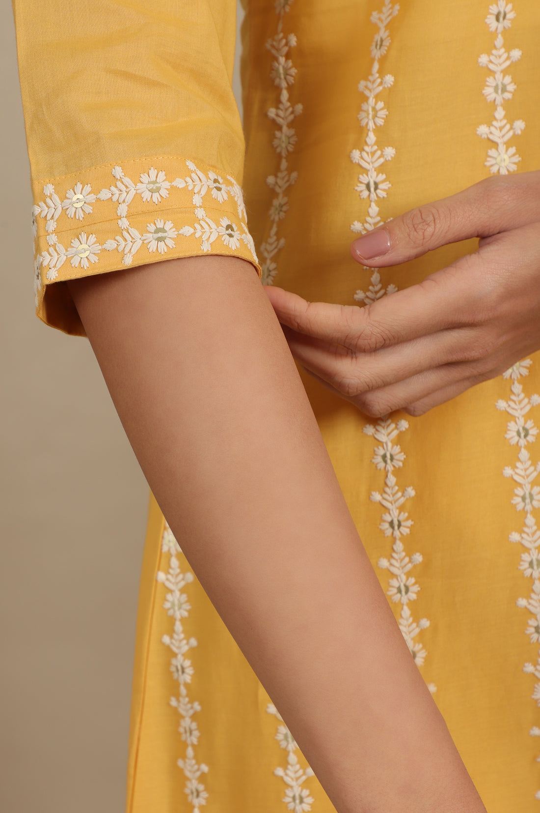 Yellow Embroidered Pure Cotton Straight Kurta, Trousers and Dupatta Set